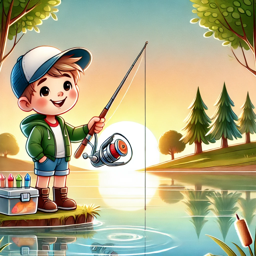 DALL·E 2025-04-15 17.32.51 – A charming illustration for a fishing blog_ a child fishing at the edge of a calm lake in the morning light, with trees in the background, a tackle bo DALL·E 2025-04-15 17.32.51 - A charming illustration for a fishing blog_ a child fishing at the edge of a calm lake in the morning light, with trees in the background, a tackle bo